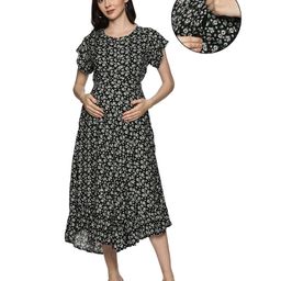 Nejo Rayon Half Sleeves Floral Printed Maternity Dress With Concealed Zipper For Nursing Access - Blue-image-96