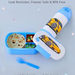 ZOE Freezer And Leak Proof Lunch Box Set With Water Bottle Car Print - Blue-13