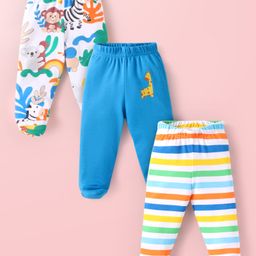 Babyhug Interlock Knit Bootie Leggings with Jungle Theme Print & Stripes Pack of 3 - Multicolor-image-5