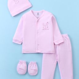 I Bears Interlock Knit Full Sleeves Front Open Animal Printed T-Shirt & Lounge Pant Set With Mittens & Cap - Pink-18