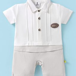 Mini Taurus Interlock Woven Half Sleeves Collared Romper with Stripes & Patch Detailing - Beige-image-58