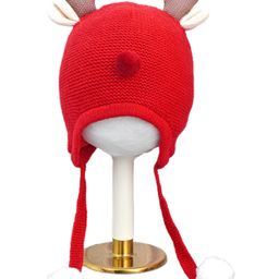 Little Surprise Box Woollen Blend Reindeer Designed Tie Up Detailed Knitted Cap - Red-1
