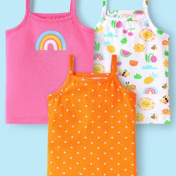 Babyhug 100% Cotton Single Jersey Knit Sleeveless Slips With Polka Dots & Tropical Theme Print Pack Of 3 - Orange Pink & White-image-13