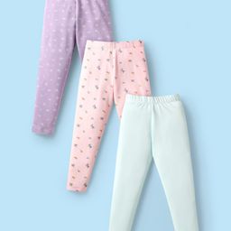 Kookie Kids Cotton Spandex Knit Full Length Leggings with Floral Print Pack of 3 - Lavender Mint & Pink-image-100