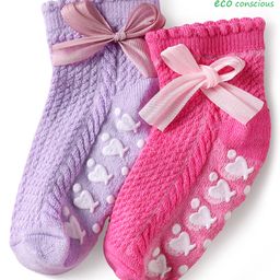 Babyoye Cotton Bamboo Knit Ankle Length Anti Skid Socks with Bow Applique Pack of 2 - Pink & Lavender-image-89