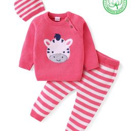 Babyhug Organic Cotton Knit Full Raglan Sleeves Striped Sweater Set & Cap - Light Pink-image-88