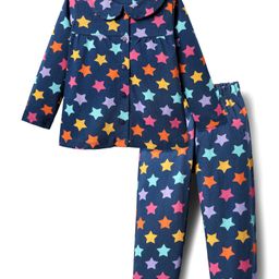 Babyhug Cotton Knit Full Sleeves Front Open Co-ords Night Suit With Star Print - Navy Blue-image-18