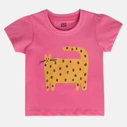 MINI KLUB Cotton Knit Half Sleeves Cat Printed Top - Pink-image-72