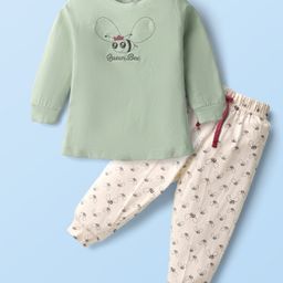 Pink Rabbit Single Jersey Knit Full Sleeves Night Suit with Honeybee Print - Olive Green-image-89