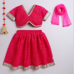 Many frocks & Georgette Woven Half Sleeves Foil Printed & Lace Embellished Lehenga Choli With Dupatta Set - Pink-image-34