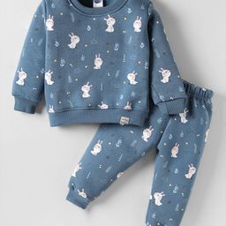 Teddy Fleece Knit Full Sleeves Co-ords Winter Night Suit With Animal Print - Blue-image-60
