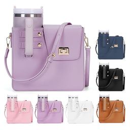 House of Quirk Outdoor Portable Crossbody Tumbler Holder Bag with Purse Compartment Travel Water Bottle Carrier for Hiking Walking Camping - Mauve-image-86