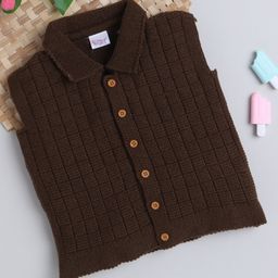 Little Angels Woollen Knitted Sleeveless Self Designed & Striped Sweater - Rust-14