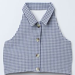 Taffykids Seer Sucker Woven Sleeveless Yarn Dyed Checked Halter Neck Detailed Crop Top - Navy Blue & White-image-55