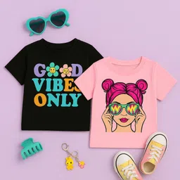 Luke and Lilly Cotton Knit Pack Of 2 Half Sleeves Cute Girl & Good Vibes Only Text Printed Tees - Black & Pink-picture-8