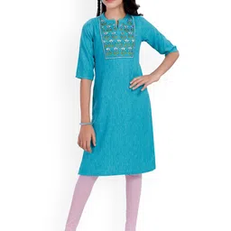 MASTARANG Girls Floral Embroidered Notch-Neck Pure Cotton Kurti With Leggings-67