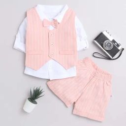 Bumzee Kids White & Peach Cotton Striped Full Sleeves Shirt Set-image-98