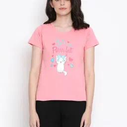 Clovia Pink Graphic Print T-Shirt-image-53