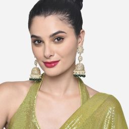 Zaveri Pearls Green Cluster Beads & Dazzling Kundan Embellished Statement Jhumki Earrings-ZPFK16208 image 4
