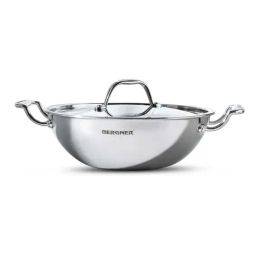 Bergner Triply Silver Stainless Steel Induction Base Kadai 22 cm diameter with Lid - Set of 1-image-59