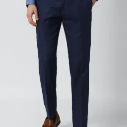 Peter England Navy Slim Fit Checks Flat Front Trousers-image-9