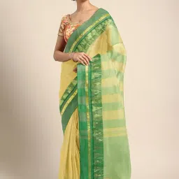 Kalakari India Green & Yellow Cotton Woven Saree With Unstitched Blouse-image-30