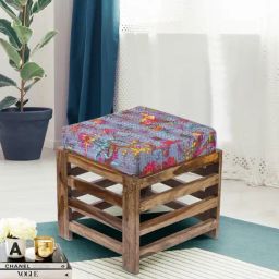 Ikiriya Houston Printed Brown & Blue Sheesham Wood Stool Teak Finish-image-67