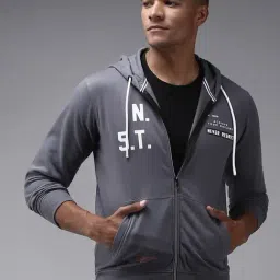 Showoff Grey Regular Fit Printed Hooded Sweatshirt-image-34