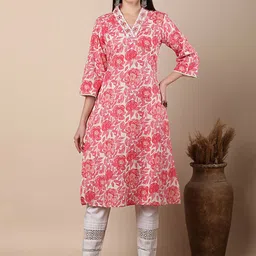 FASHOR Women Floral Printed V Neck A-Line Cotton Kurta-picture-8