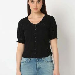 Spykar Black Cotton Regular Fit Self Pattern Top-picture-19