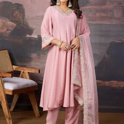 House of Pataudi Embroidered Flared Sleeves Anarkali Kurta With Trouser & Dupatta-27