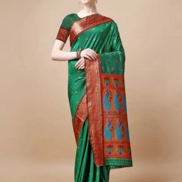JUST FASHION Green & Red Zari Work Saree With Unstitched Blouse-picture-27