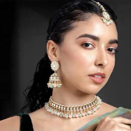 Peora Gold Plated Pink Mint Kundan Studded Choker Necklace Jhumki Earrings & Maangtikka Set-image-76