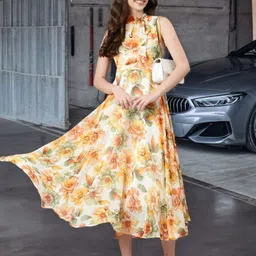Souchii Floral Print Layered Chiffon Fit & Flare Maxi Dress-36