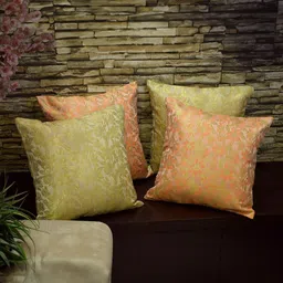 RoyalDeco Bageecha Peach-Coloured 4 Pieces Ethnic Brocade Silk Square Cushion Covers image 3