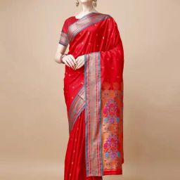 JUST FASHION Red Zari Work Saree With Unstitched Blouse-image-76