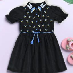 Bella Moda Girls Black Cotton Half Sleeves Honey Bee Embroidered Dress-image-57