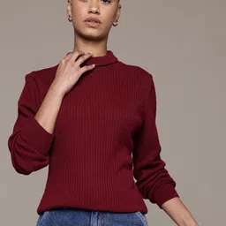 The Roadster Lifestyle Co. Cherry Red Turtle Neck Ribbed Pullover-image-17