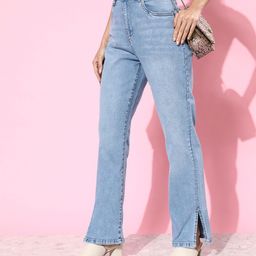 Mast & Harbour Women Beryl Blue Straight Fit Heavy Fade Romance Ramble Slit Jeans-image-82