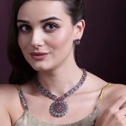 Panash Silver Plated Cubic Zirconia Studded Oxidized Jewellery Set-16