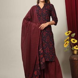 Doriyaan Women Floral Printed Regular Pure Cotton Kurta with Sharara & With Dupatta-picture-39