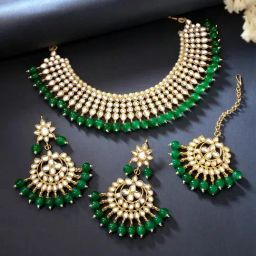 Peora 18K Gold Plated Indian Ethnic Kundan Pearl Fancy Bridal Necklace with Earrings Set-picture-5