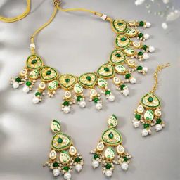 Peora Gold Plated Green Synthetic Stone & Beads Studded Choker Necklace Earrings & Maangtikka Set-image-66