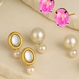 MANSIYAORANGE Set Of 3 Gold-Plated Crystal Studded Korean Oval Shaped Studs-picture-1