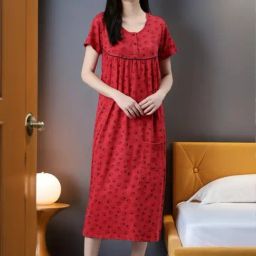 Kryptic Red Printed Pure Cotton Maxi Night Dress-image-10