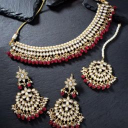Peora 18K Gold Plated Kundan Pearl Choker Necklace Earring Mang Tikka Set-13