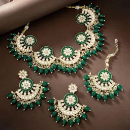 Peora Gold Plated Green Kundan Choker Necklace Earring & Maang Tikka Ethnic Set-image-31