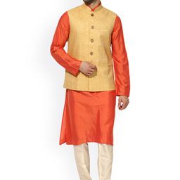 KISAH Men Orange & Cream-Coloured Solid Kurta with Churidar and Waistcoat-10