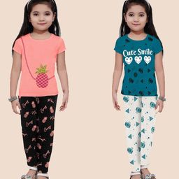 Veecap Girl's Pack of 2 Conversational Printed Mid-Rise Cotton Pyjama Set-1