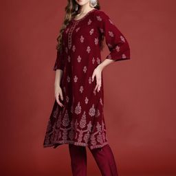 Anouk Ethnic Print Velvet-Finish Regular Kurti with Trouser image 5